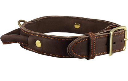 Genuine Leather Dog Collar, Rolled Leather Handle Brown