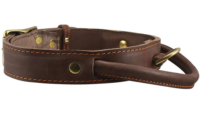 Genuine Leather Dog Collar, Rolled Leather Handle Brown