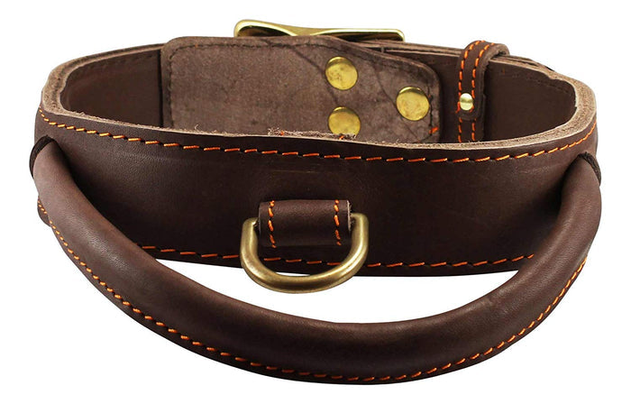 Genuine Leather Dog Collar, Rolled Leather Handle Brown