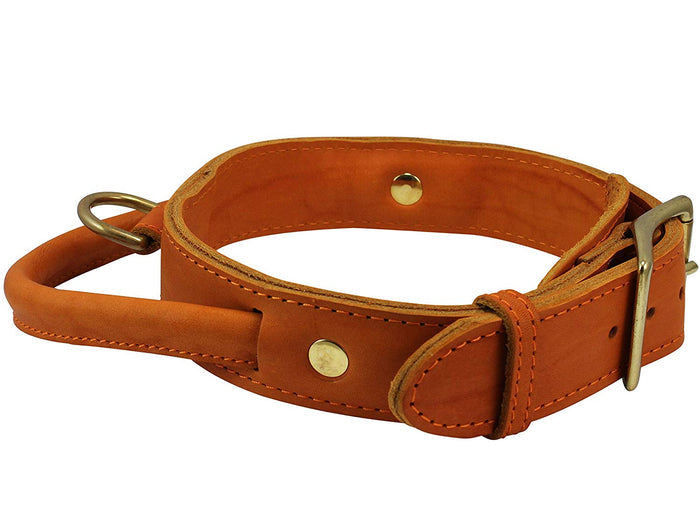 Genuine Leather Dog Collar, Rolled Leather Handle Tan