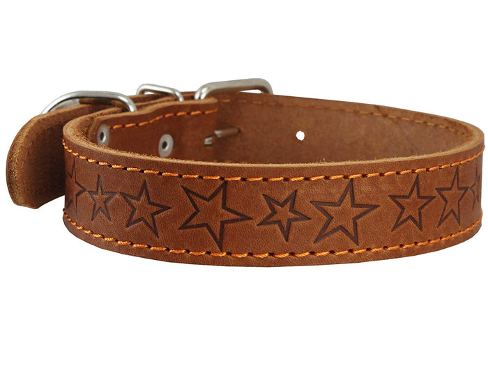 Genuine Leather Dog Collar Stars Pattern Brown 4 Sizes