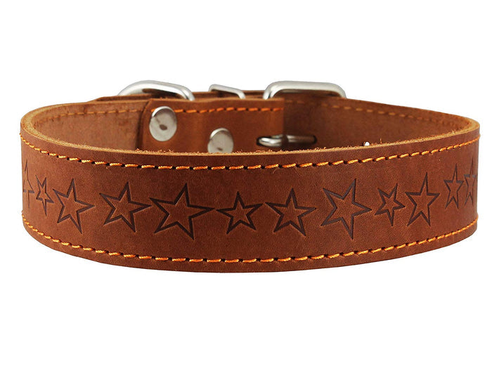 Genuine Leather Dog Collar Stars Pattern Brown 4 Sizes