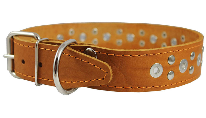 Genuine Leather Studded Dog Collar 22"x1.4" Tan Fits 14.5"-18" Neck