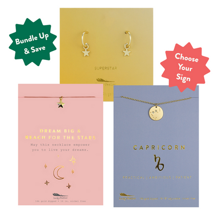 The image shows three jewelry products: a pair of star earrings, a star necklace, and a Capricorn zodiac necklace, along with promotional graphics for bundling and choosing a zodiac sign.