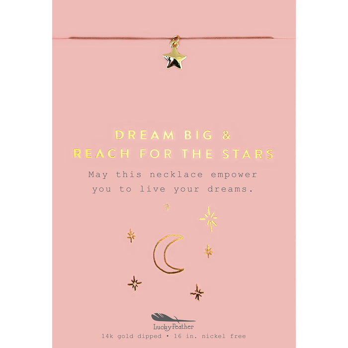Promotional card for a 'Lucky Feather' 14k gold-dipped necklace featuring a golden star charm, accompanied by the text 'DREAM BIG & REACH FOR THE STARS'.