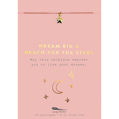 Promotional card for a 'Lucky Feather' 14k gold-dipped necklace featuring a golden star charm, accompanied by the text 'DREAM BIG & REACH FOR THE STARS'.