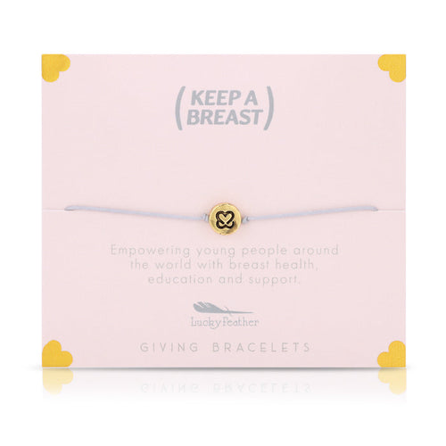 A bracelet with a gold charm sits on a pink card with the text 'Keep A Breast,' along with details on breast health education and support.