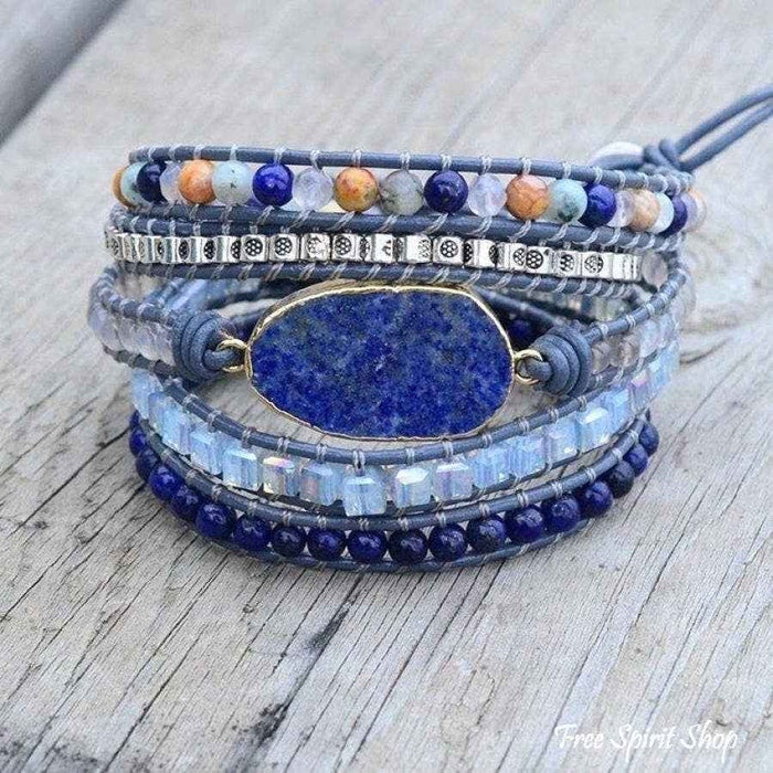 Lapis Lazuli Stone Leather Wrap Bracelet