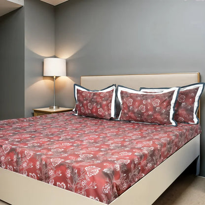 Lavish Red Veil 100% Cotton King-Size Bedsheet + 2 Pillow Covers