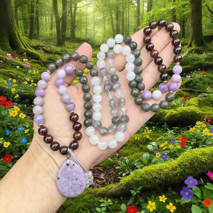 Lepidolite Pyrite Garnet Mala Necklace