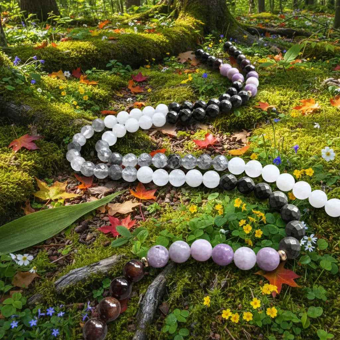 Lepidolite Pyrite Garnet Mala Necklace