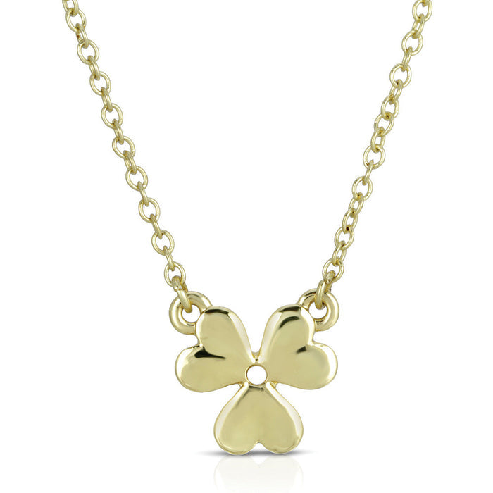 A gold chain necklace with a three-leaf clover pendant.