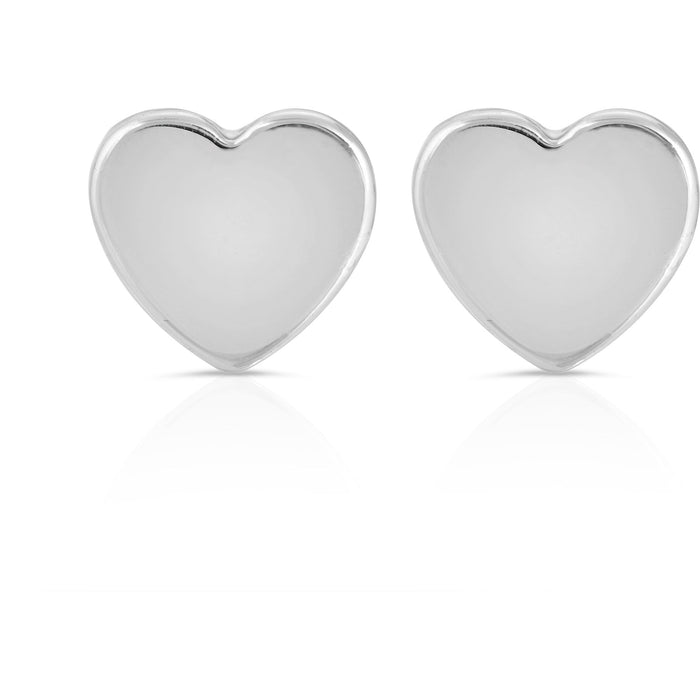 Two silver heart-shaped stud earrings on a white background.
