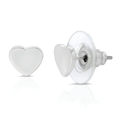 Two silver heart-shaped stud earrings, one showing the front and the other showing the back with a clear plastic and metal backing, are displayed on a white background.
