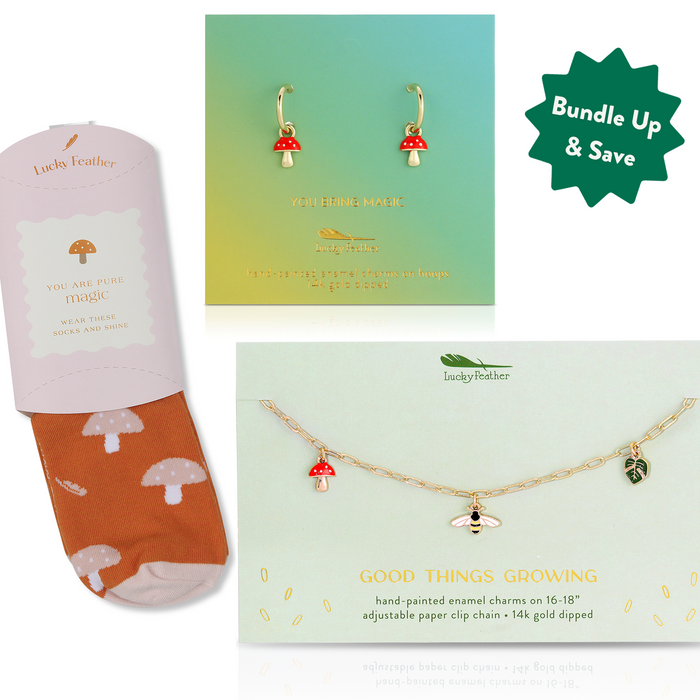 The image shows Lucky Feather mushroom socks, earrings, and a charm bracelet.