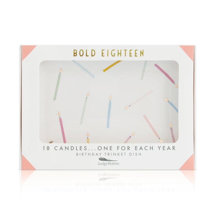 Box for a 'Bold Eighteen' birthday trinket dish with 18 candle illustrations.