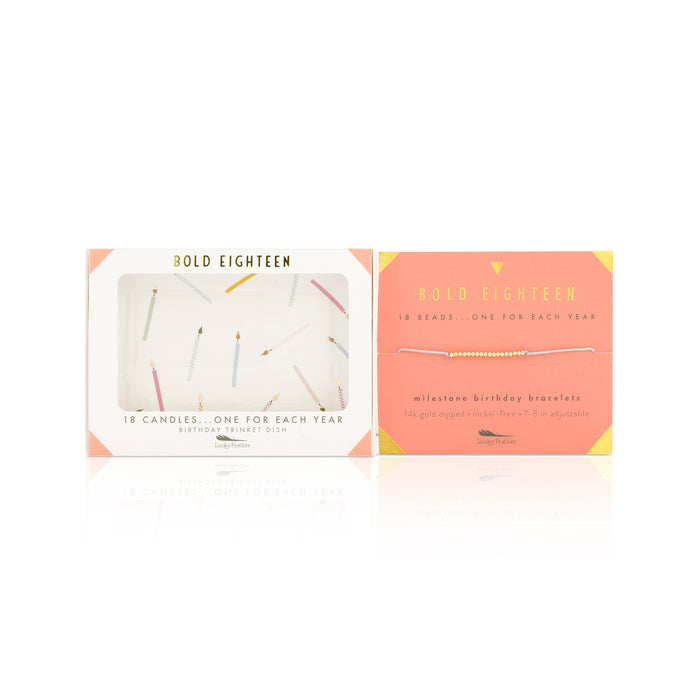 Two packages labeled 'Bold Eighteen', one a birthday trinket dish and the other a milestone birthday bracelet, are positioned side by side.