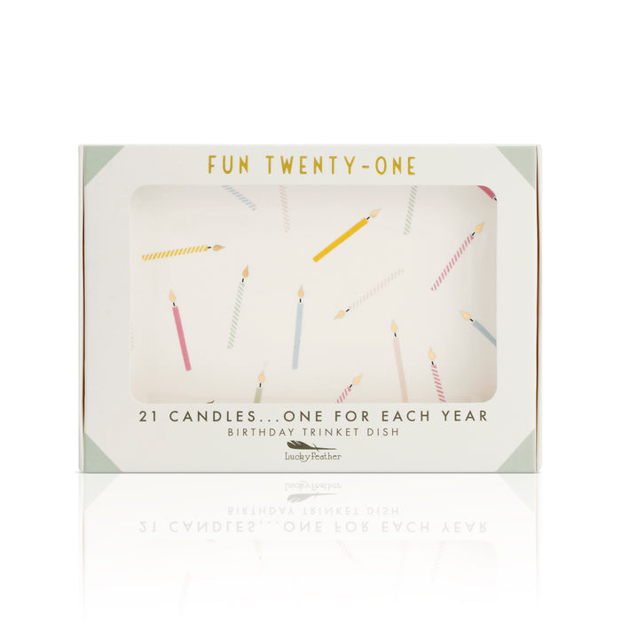 Boxed 'Fun Twenty-One' birthday trinket dish featuring candle designs.
