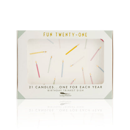 Boxed 'Fun Twenty-One' birthday trinket dish featuring candle designs.