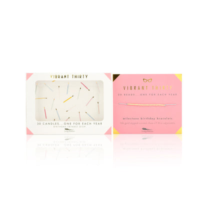 Two 'Vibrant Thirty' gift sets are shown: a trinket dish filled with 30 candles and a bracelet with 30 beads.