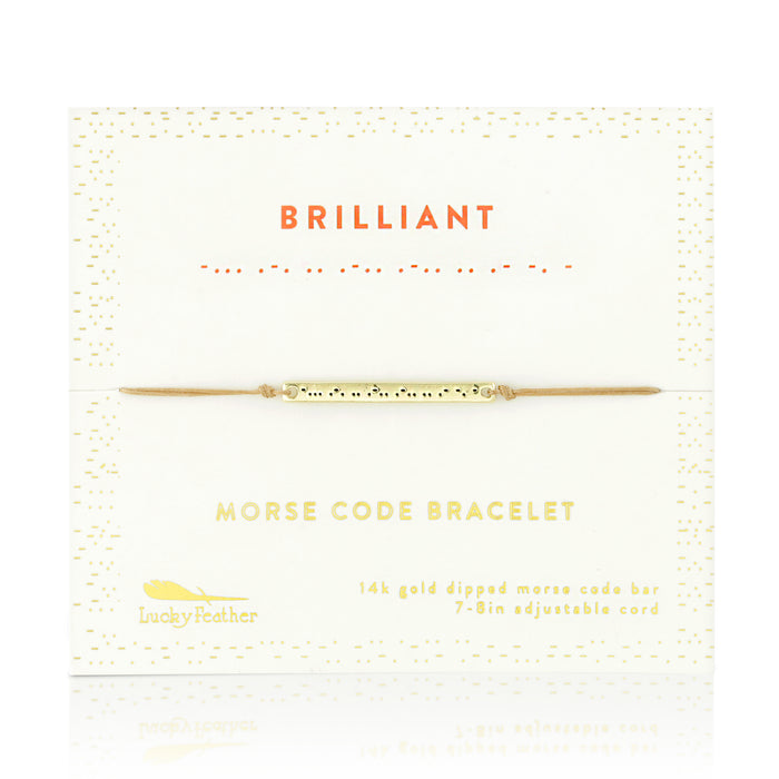 A 'Brilliant' Morse Code Bracelet from Lucky Feather on its packaging.