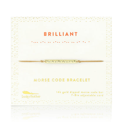 A 'Brilliant' Morse Code Bracelet from Lucky Feather on its packaging.