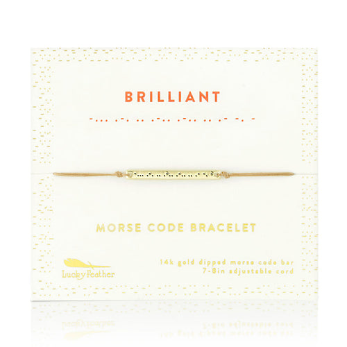 A 'Brilliant' Morse Code Bracelet from Lucky Feather on its packaging.