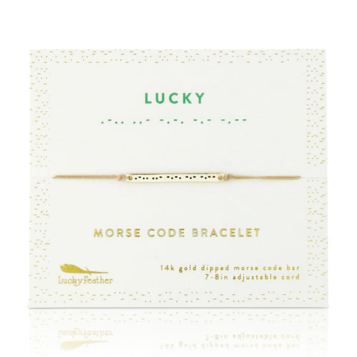 Lucky Feather brand bracelet with 'LUCKY' printed above a morse code translation.