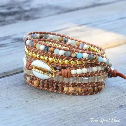 Natural Picture Jasper Stone & Seashell Bead Wrap Bracelet