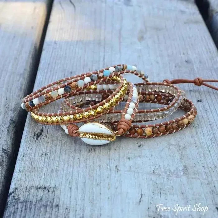 Natural Picture Jasper Stone & Seashell Bead Wrap Bracelet