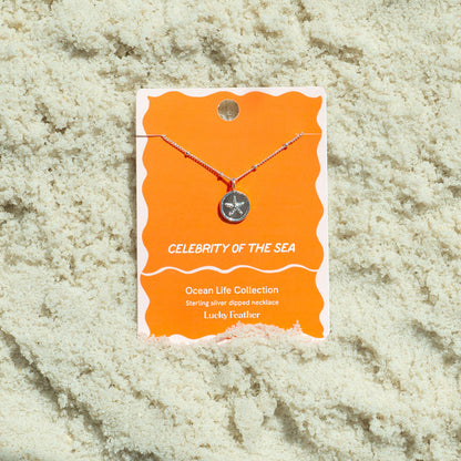 A 'Celebrity of the Sea' starfish necklace on a pink and orange display card is positioned on sand.