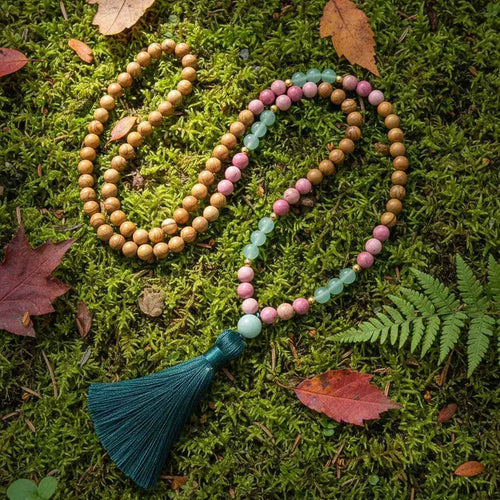 Olive Wood, Rhodonite, Green Aventurine Mala Bead Necklace: Knotted Mala Necklace