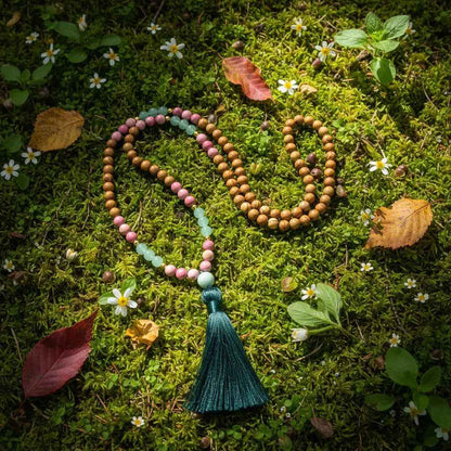 Olive Wood, Rhodonite, Green Aventurine Mala Bead Necklace: Knotted Mala Necklace