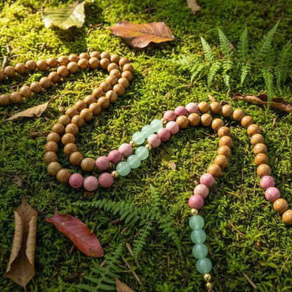 Olive Wood, Rhodonite, Green Aventurine Mala Bead Necklace: Knotted Mala Necklace
