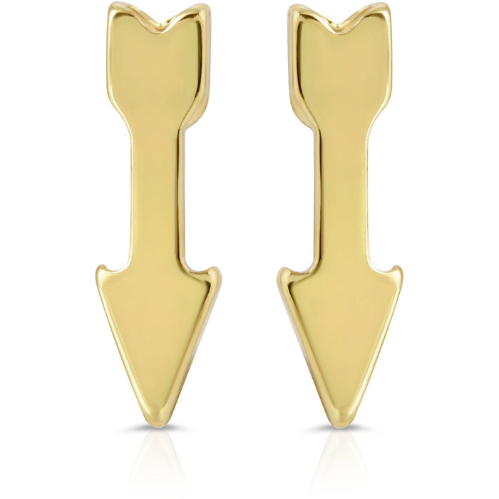 Two gold-colored arrow-shaped objects point downwards against a white background with reflections.
