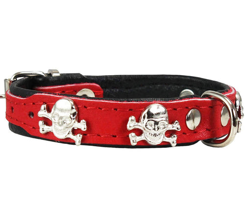 Real Leather Skull Studded Padded Dog Collar Red/Black