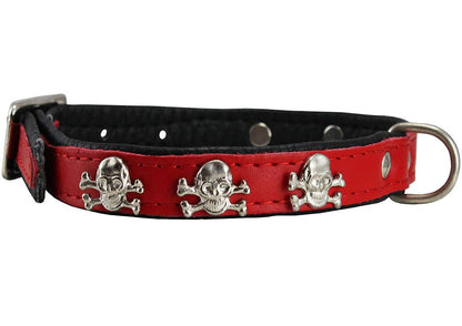 Real Leather Skull Studded Padded Dog Collar Red/Black