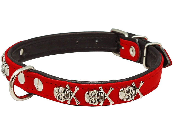 Real Leather Skull Studded Padded Dog Collar Red/Black