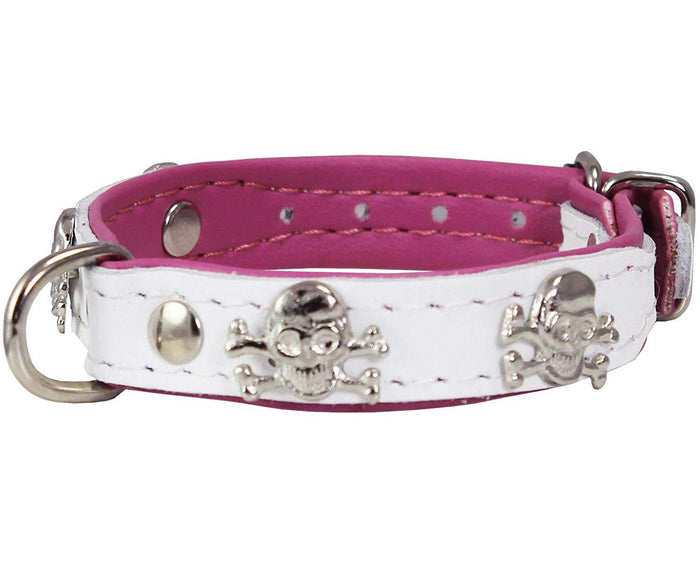 Real Leather Skull Studded Padded Dog Collar White/Pink