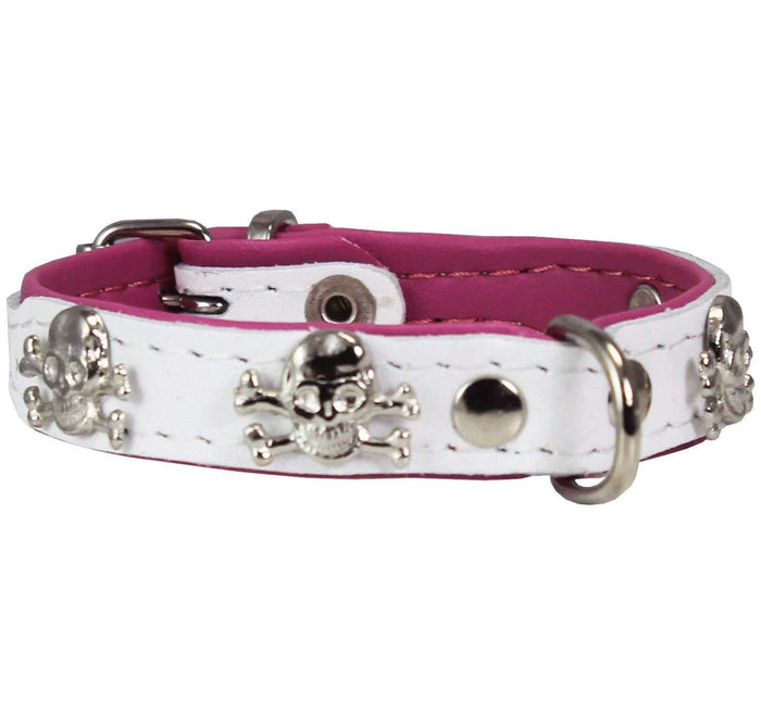 Real Leather Skull Studded Padded Dog Collar White/Pink
