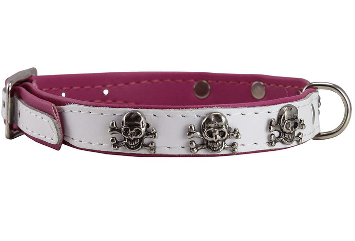 Real Leather Skull Studded Padded Dog Collar White/Pink