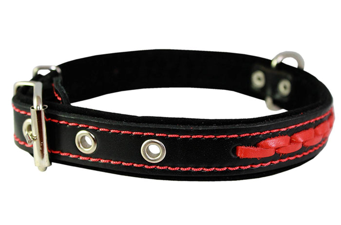 Red on Black Genuine Leather Braided Dog Collar 20"x1", Fits 14"-18" Neck