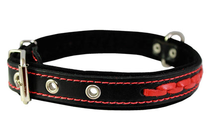 Red on Black Genuine Leather Braided Dog Collar 20"x1", Fits 14"-18" Neck