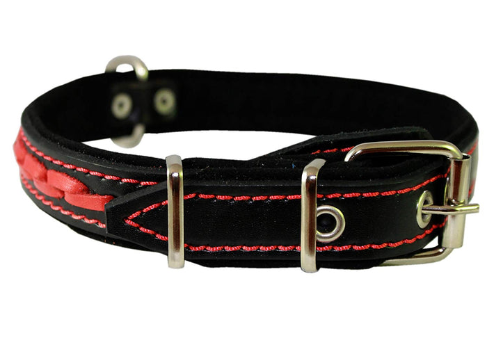 Red on Black Genuine Leather Braided Dog Collar 20"x1", Fits 14"-18" Neck