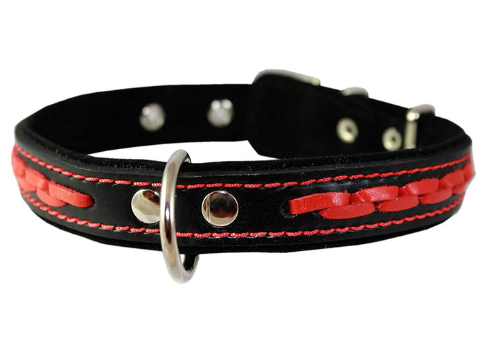 Red on Black Genuine Leather Braided Dog Collar 20"x1", Fits 14"-18" Neck