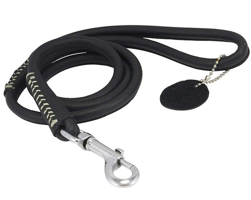 Round Genuine Rolled Leather Dog Leash 4' Long 1/2" Wide Black for Medium Breeds