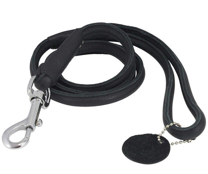 Round Genuine Rolled Leather Dog Leash 4' Long 1/2" Wide Black for Medium Breeds