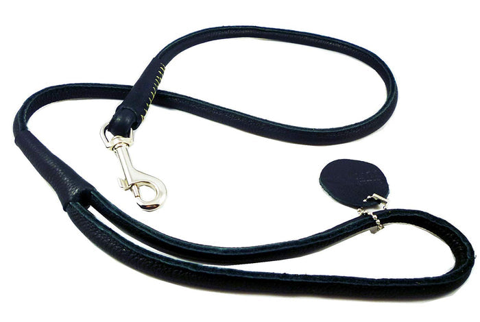 Round Genuine Rolled Leather Dog Leash 4' Long 1/2" Wide Black for Medium Breeds