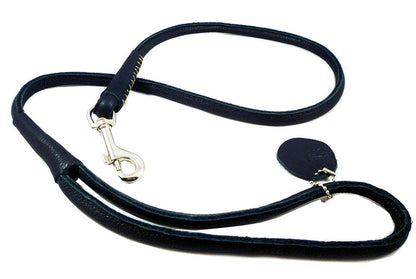 Round Genuine Rolled Leather Dog Leash 4' Long 1/2" Wide Black for Medium Breeds