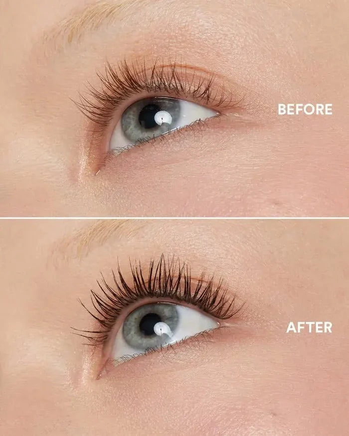 Before and after on a model with dark skin showing lengthened lashes with EM Cosmetics Shapeshift Mascara